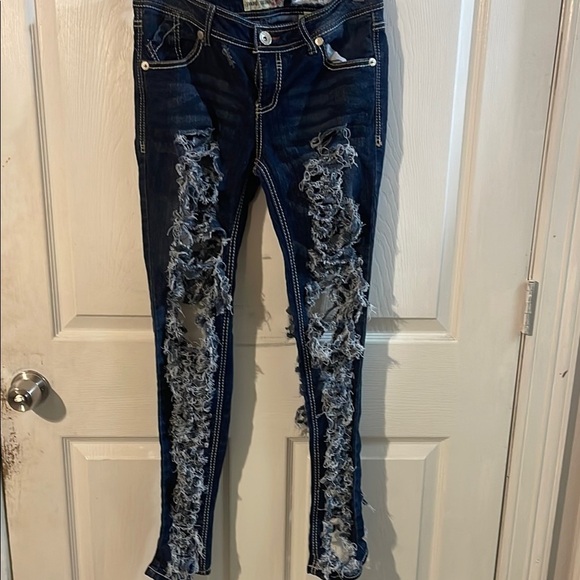 Paris Blues Dark Blue Distressed Skinny Jeans - Picture 1 of 10